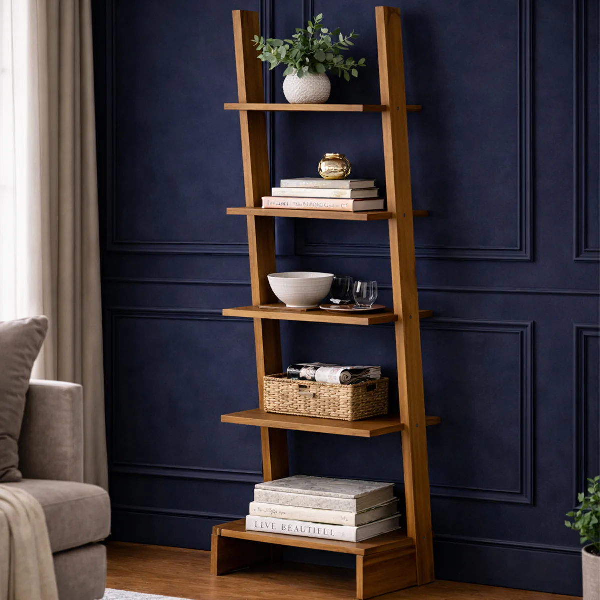 Haven Ladder Shelf – Modern Leaning Bookcase & Decorative Storage Rack
